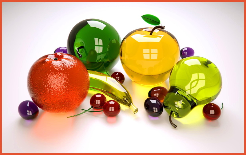 fruits, yellow, glass, table, green, decor, 3d and abstract, fruit, colors, orange, 1080P, everlasting