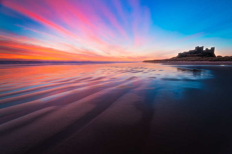 water, beach, clouds, sun, nature, colour, sea  water, Bamburgh Castle, england, water  waves, body, sunset, Sunrise, sea, 5K, northumberland  coast, ngc
