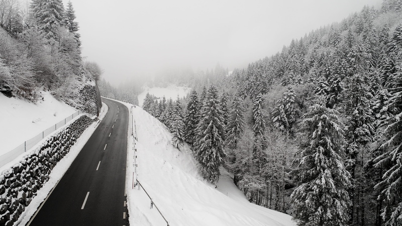 cold, land, ocean, view, beauty in nature, non-urban scene, empty road, nature, pine, switzerland, beside, photography, forest, 5K, trees, water, snowcapped mountain