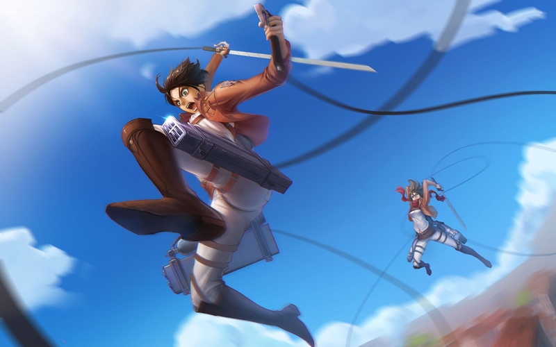 one person, female, nature, Eren Jeager, real people, day, Mikasa Ackerman, character, human arm, 2K, full length, sunlight, jumping, cloud - sky, mid-air