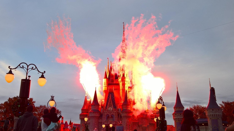 disney, city, smoke - physical structure, place of worship, belief, illuminated, lighting equipment, 1080P, sunset, outdoors, architecture, castle, built structure