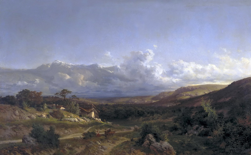 road, house, The landscape in define, valley, 1080P, trees, mountains, Carlos de Haes