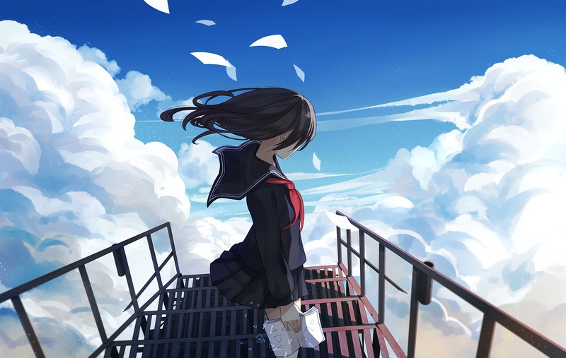 black hair, 720P, stairs, anime girls, anime, sky, clouds, heights, school uniform, paper