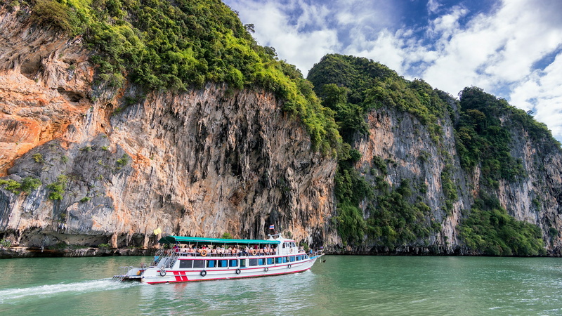 promontory, sky, cliff, asia, phang nga bay, sea, boat, tourism, boat trip, water, rock, 4K, thailand, krabi