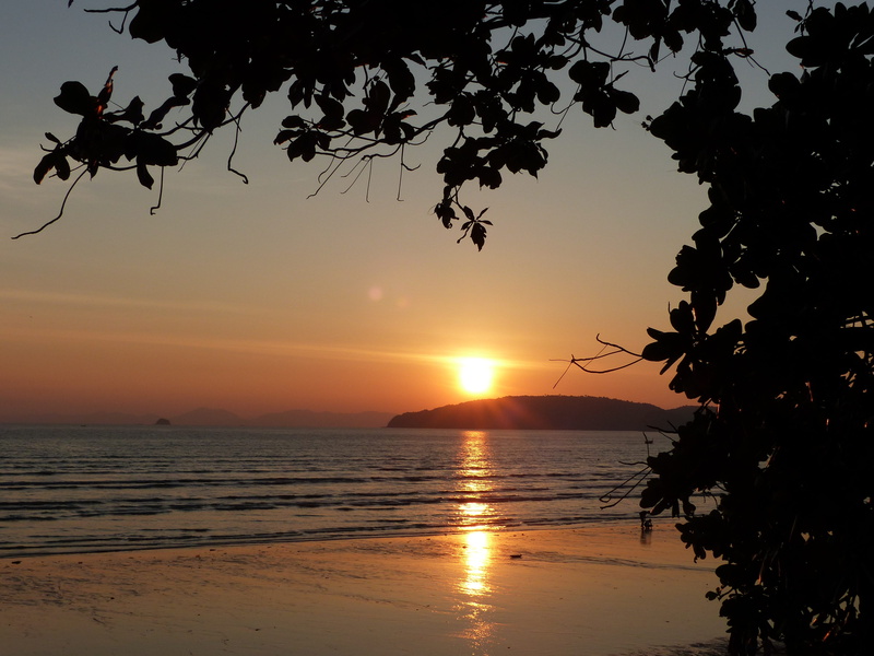 near, sunset, water, land, trees, sky, 4K, outdoors, beauty in nature, tree, plant, nature, body, sun, orange color, ao nang beach, horizon, silhouette