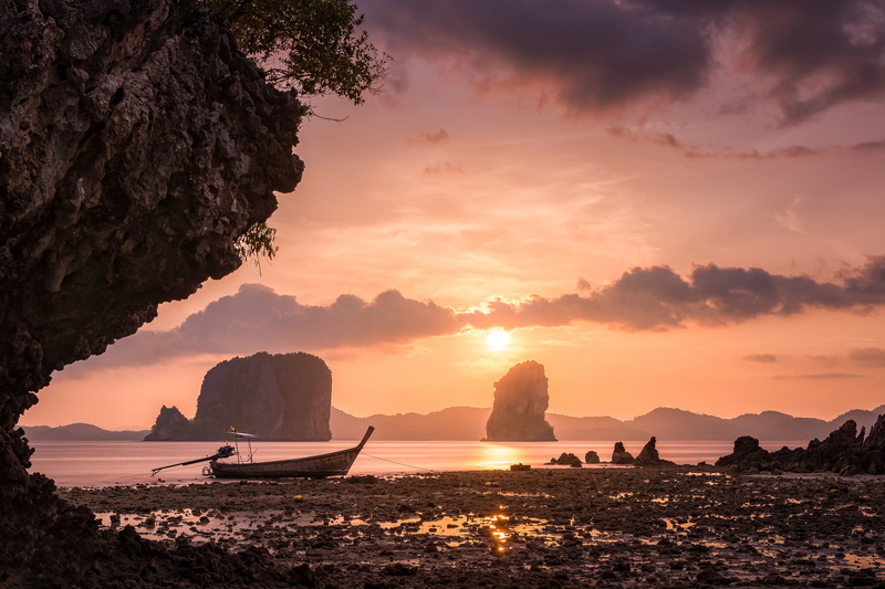 Thailand, 1080P, rocks, boat, Krabi, the sky, sunset, sea, Hong Islands