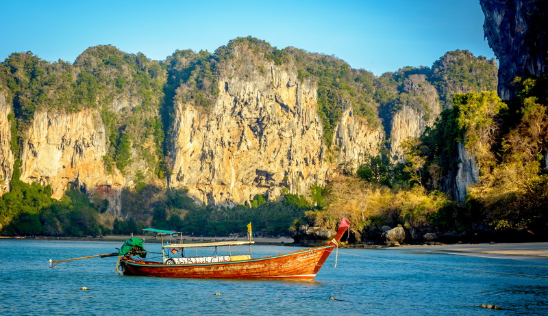 thailand, nautical vessel, hill, solid, water, holiday, cliff, rock formation, azure, ocean, sea, boat, 5K, plant, summer, land, ocean view, brilliant