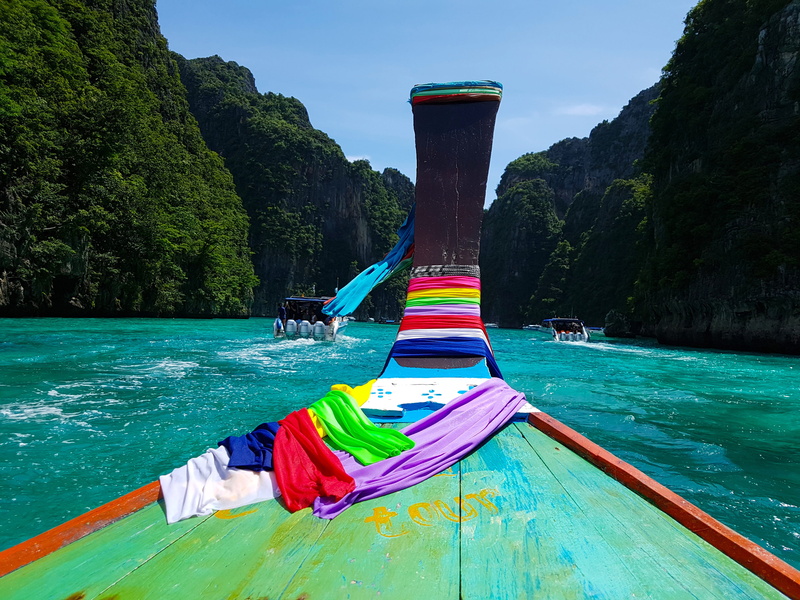 transportation, solid, clear, sea, longtail boat, multi colored, thailand, waters, water, more, port, phi, tree, landscape, travel, rock, tradition, 4K