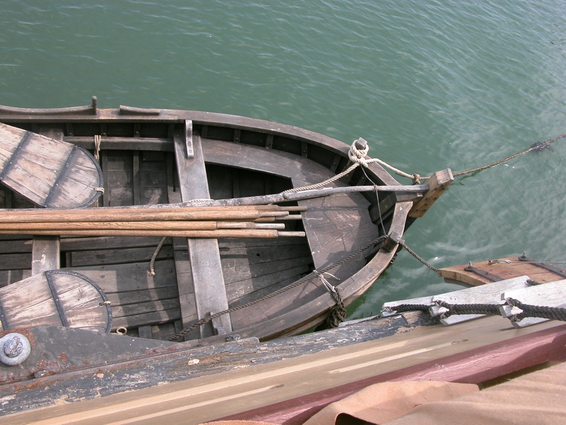 replica, fishing boat, water, rope, travel, mayflower, wood, tranquility, wood - material, moored, outdoors, high angle view, longtail boat, historic, nautical vessel