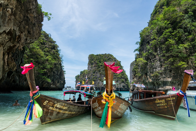 longtail boat, ocean, travel, mode of transportation, water, sunny, land, landscape, sky, clouds, body, tourism, outdoors, 5K, phuket, tree, three, nautical vessel