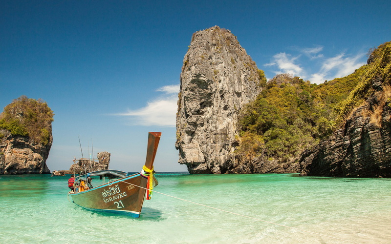 turquoise colored, nature, 4K, longtail boat, scenics - nature, day, solid, beach, rock - object, tranquil scene, scenery, island, thailand, hd, no people