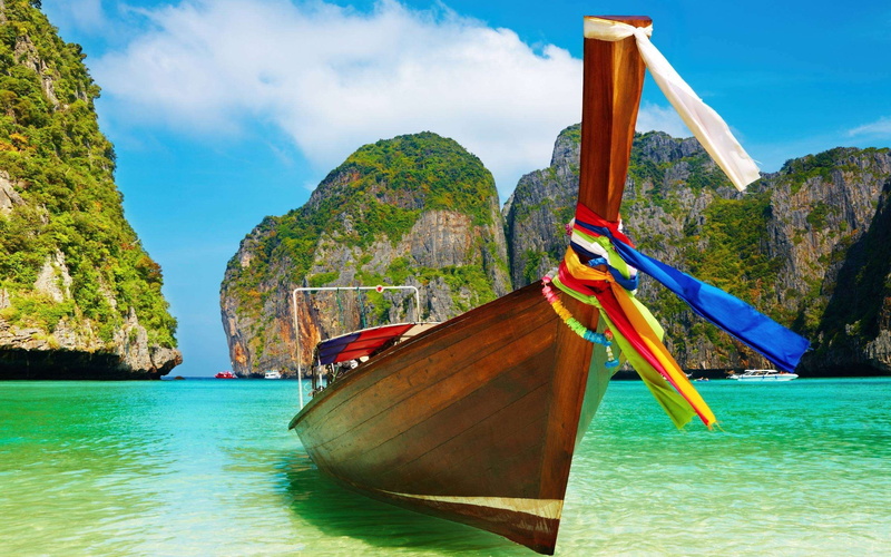 longtail boat, ocean, island, nature, summer, mountain, vacation, bay, sea, day, outdoors, tourism, lagoon, land, transportation, 2K, sky, scenics - nature