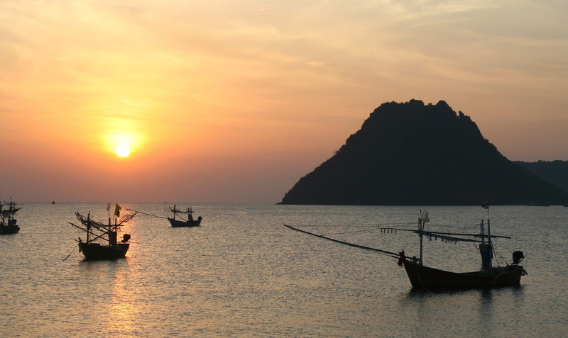 no people, bay, sky, transportation, orange color, mode of transportation, sea, rock formation, harbor, seaside, scenics - nature, longtail boat, sunrise