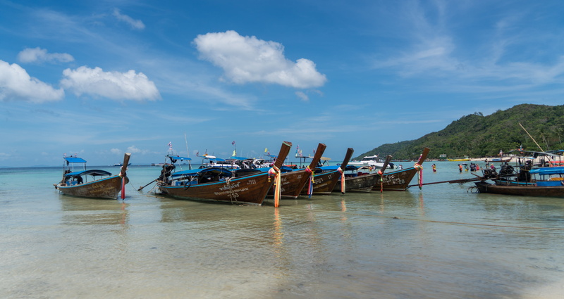 beach, sunny, mode of transportation, summer, holiday, ocean, beauty in nature, transportation, scenics - nature, sky, phi phi island tour, anchored, land