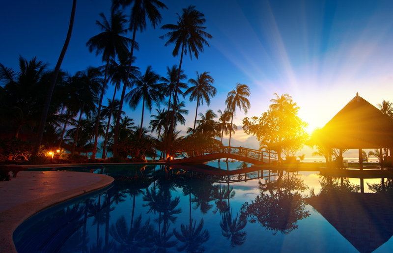 palm, sea, thailand, nature, sea water, trees, hour, resort, sunrise, golden, bridge, paradise, 4K, water, palm trees