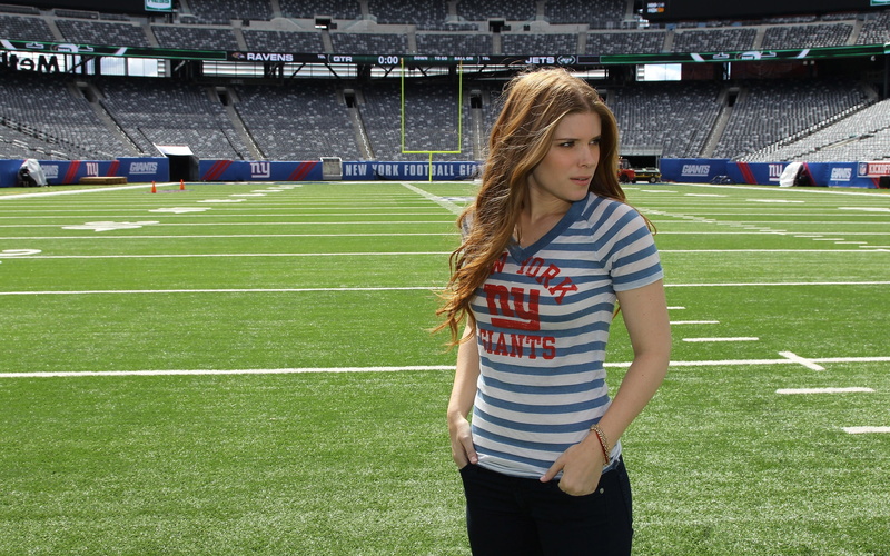 Kate Mara, actress, stadium, front view, standing, celebrity, striped, teenager, brunette, soccer, spectator, hairstyle, real people, young adult, sport