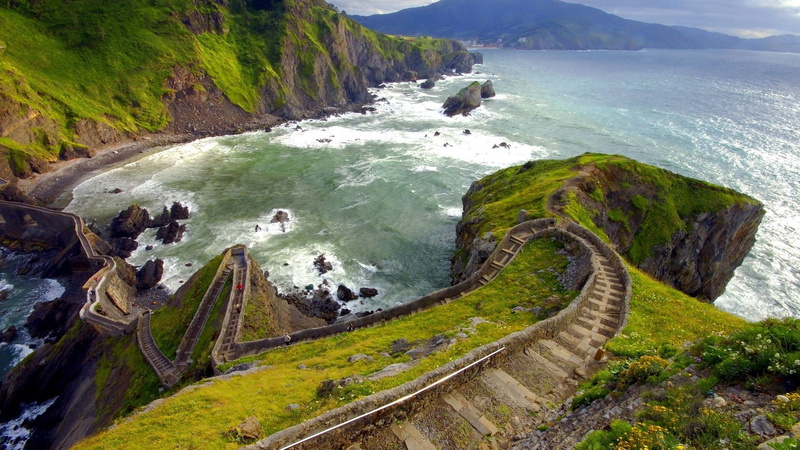 nature, no people, tree, Gaztelugatxe, outdoors, land, water, beauty in nature, landscape, tranquil scene, 1080P, high angle view, Spain, road, non-urban scene