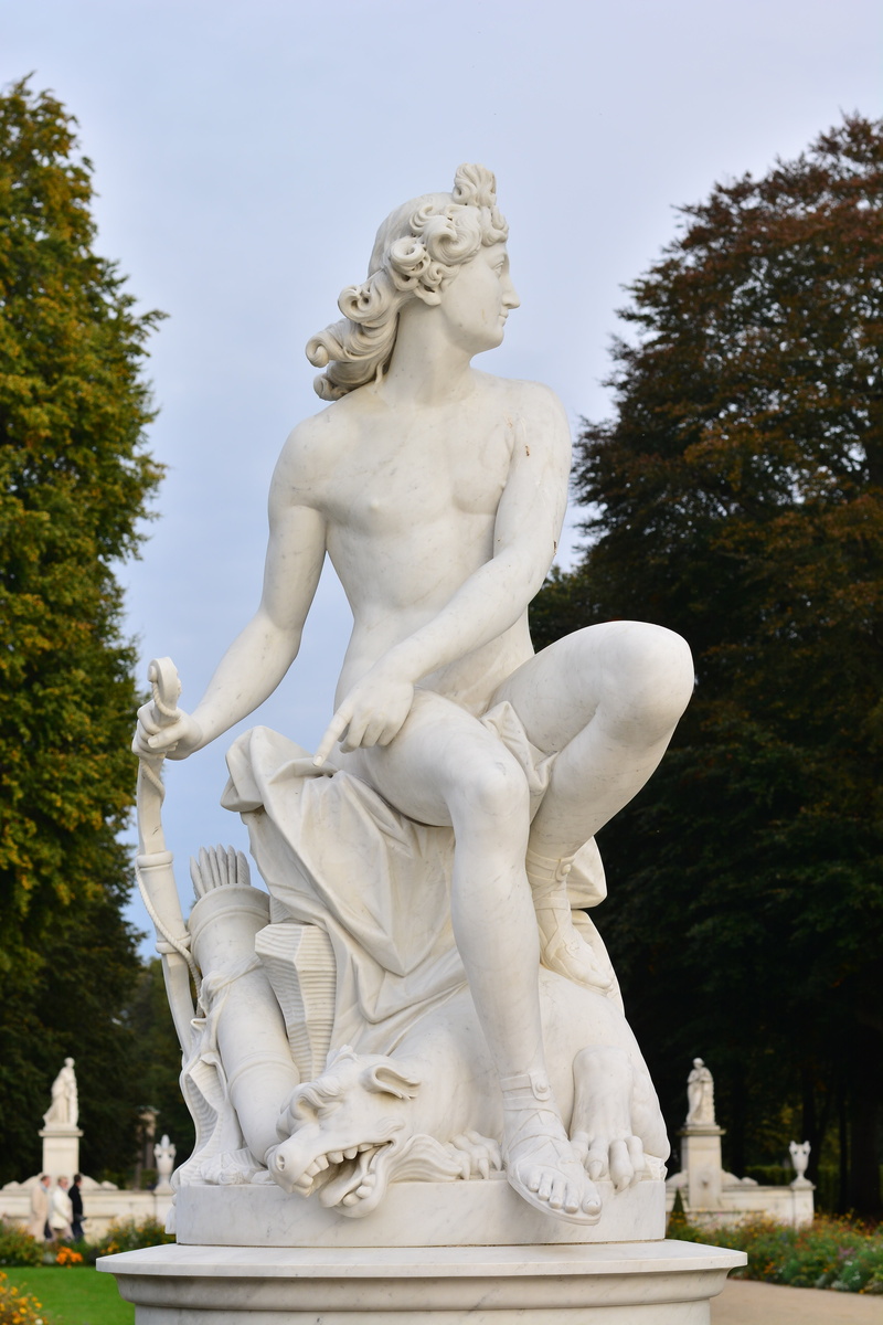 low angle view, near, europe, architecture, sanssouci, day, germany, art and craft, lion - feline, plant, dog, man, representation, no people, daytime