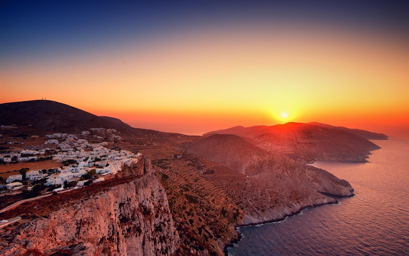 Mountains, Houses, Sea, Sunrise, Greece, 1080P