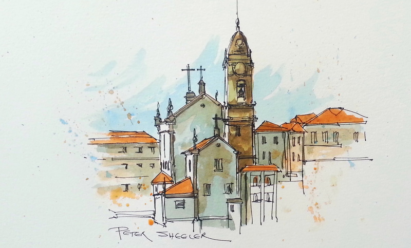 white, the urban landscape, religion, the bell tower, home, cityscape, street, built Structure, cathedral, no people, painting, watercolor, sky, wall - Building Feature