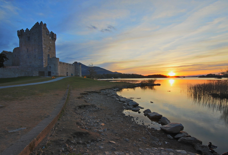 nature, reflection, cloud - sky, orange color, killarney, architecture, building, water, sunset, no people, tranquility, sky, lake, ross, 4K, built structure