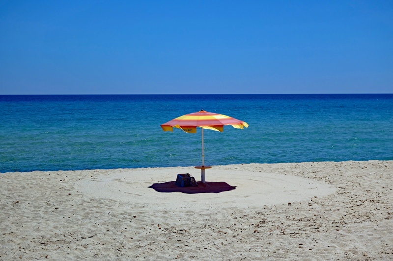 seashore, beach, ease, sky, shade, yellow, sand, tranquility, horizon over water, summer, scenics - nature, beauty in nature, land, vacations, no people