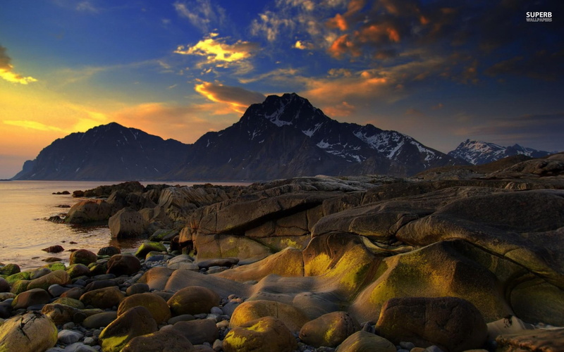 boulder, dusk, 1080P, water, mountains, clouds, rock, brown, sand, shore, ocean, lot, rocks, nature and landscap, nature, glorious, beach