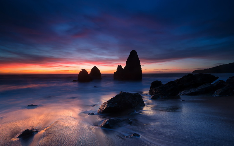 rocks, Stones, USA, Ocean, Sunset, 1080P, California, brown, Coast, Evening