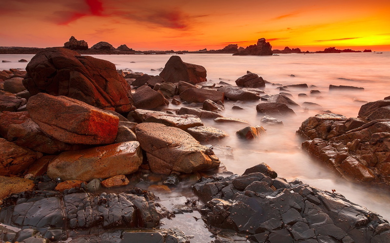 brown, 1080P, black, rocks, Sunset, Stones, Coast, Sea, Sky, Red