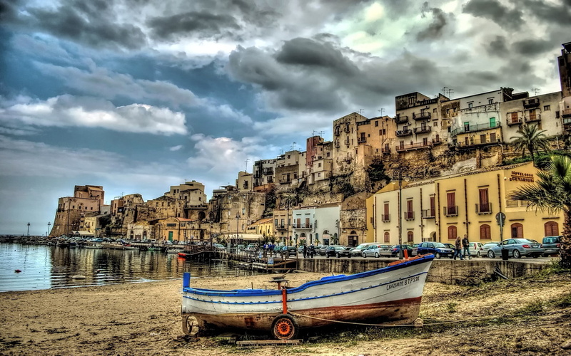 architecture, outdoors, moored, beach, Italy, Castellammare del Golfo, nautical vessel, boat, coast, building exterior, sky, built structure, cloud - sky