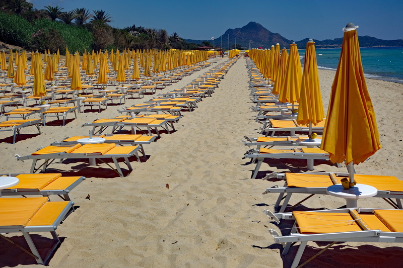 travel, outdoors, empty, waters, south east arts, chair, parasol, order, summer, table, lounge chair, seat, plant, beach, arrangement, sardinia, no people