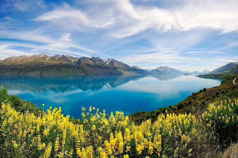 720P, clouds, spring, cloud - sky, land, mountain, nature, travel destinations, water, mountain peak, tranquility, wildflowers, New Zealand, environment