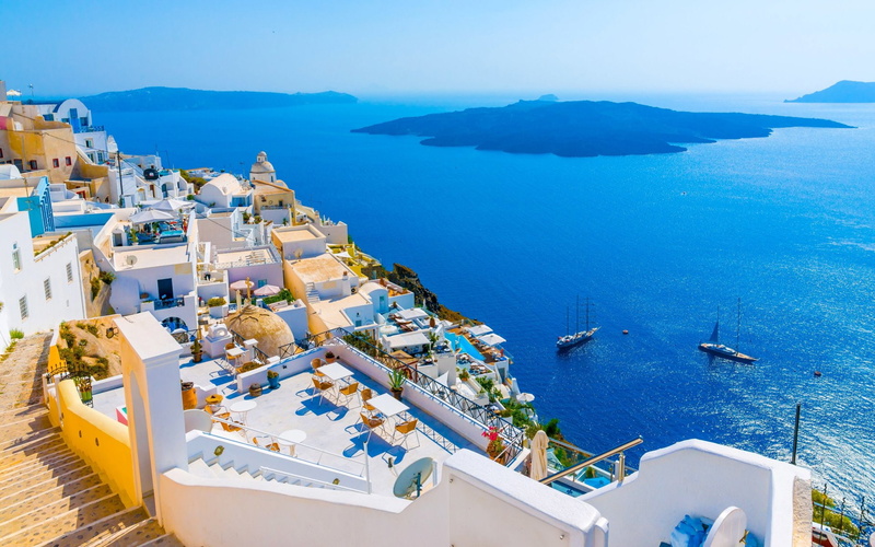 travel, tourism, Santorini, sea, beach, no people, architecture, island, high angle view, trip, water, 1080P, vacations, sky, Horizon, nautical vessel