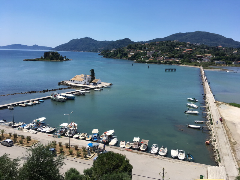 mountain, church, 4K, day, built structure, outdoors, city, sea, building exterior, greek, kanoni, beach, yacht, clear sky, sunlight, corfu, no people