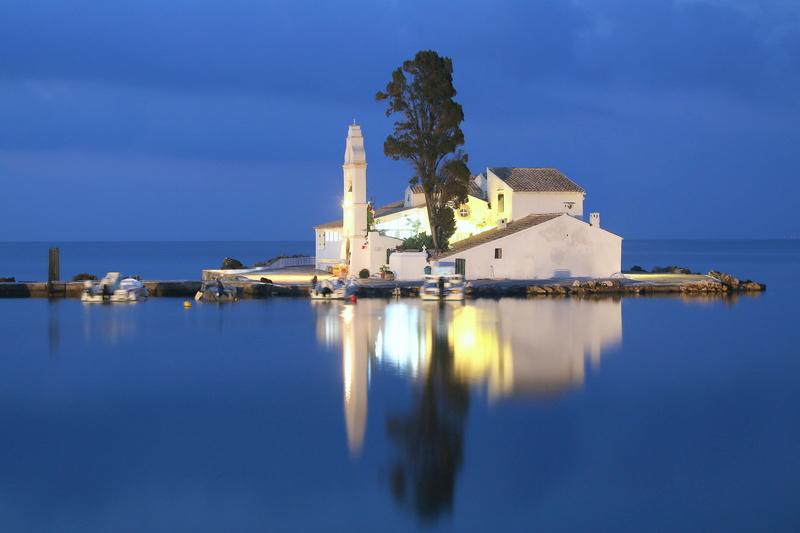 The Ionian sea, light, Corfu, the Church of Panagia Vlacherna, mirror, clear sky, outdoors, day, building exterior, sky, Greece, building, water, built structure