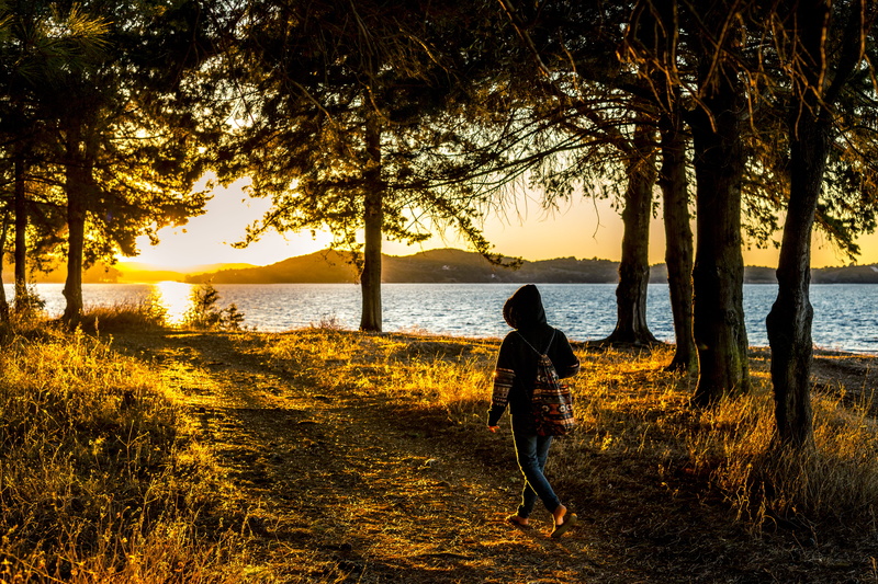 vonitsa, ocean, scenics - nature, woman, sunset, lake, tranquil scene, near, lifestyles, sea, walk, sunset light, outdoors, body, lake side, autumn, nature