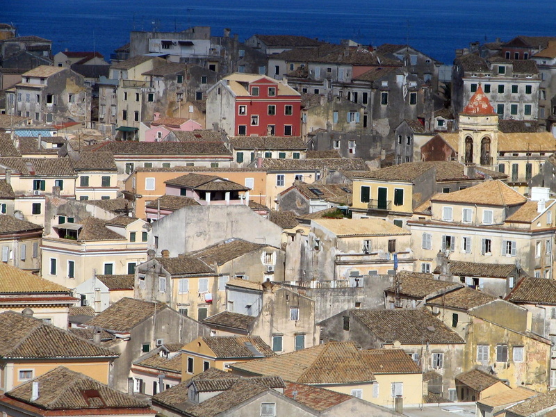 1080P, houses, greece, centre, town, corfu, yellow, animals, view