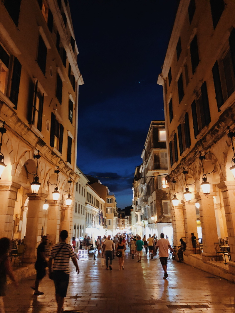 architecture, night, adult, corfu, crowd, buildings, sky, renaissance, real people, illuminated, walking, building exterior, group of people, town, night time