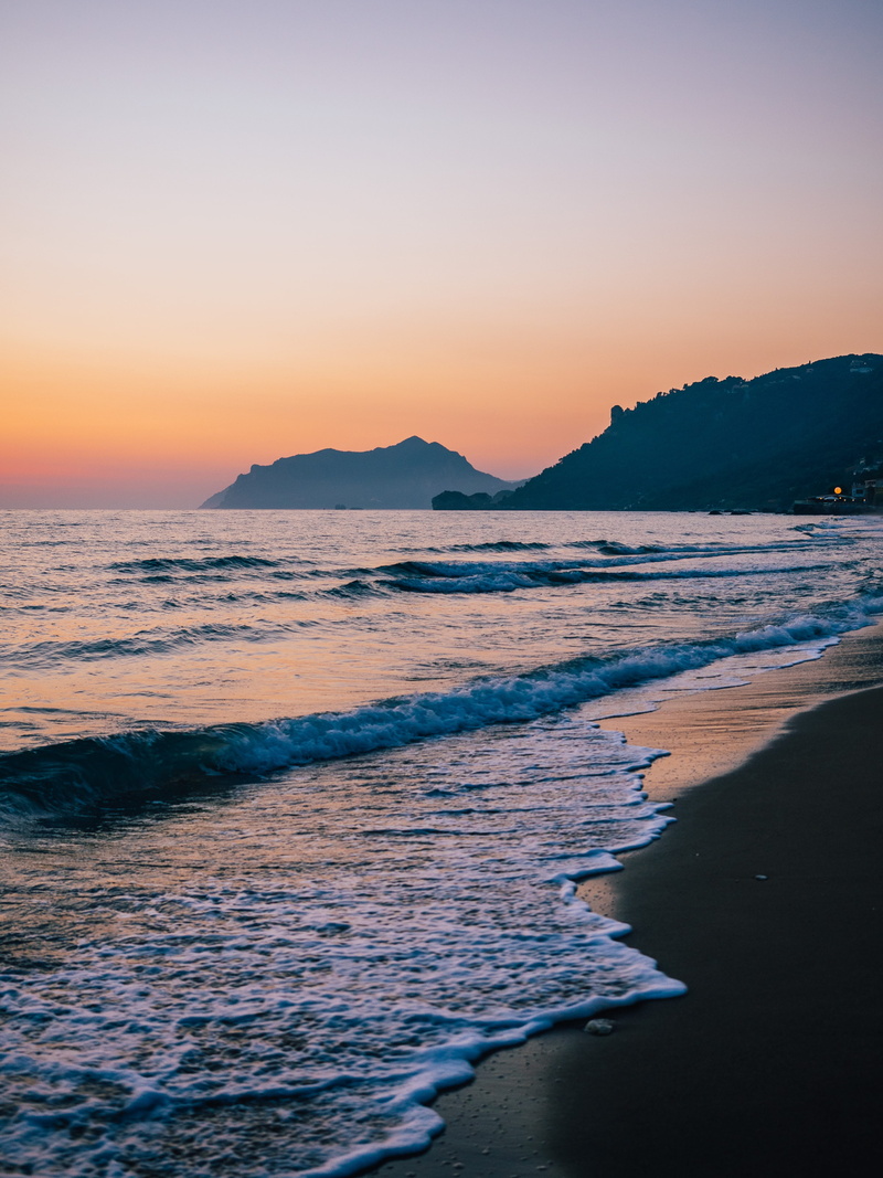 no people, orange color, corfu, landscape, calm, nature, idyllic, waves, photography, greece, korfu, mountain, seashore, exploration, sky, island, sand
