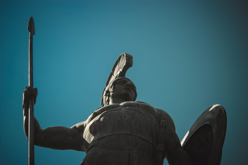 corfu, male likeness, creativity, nature, art and craft, representation, blue, giant, war, craft, achile, belief, sculpture, copy space, architecture, low angle view
