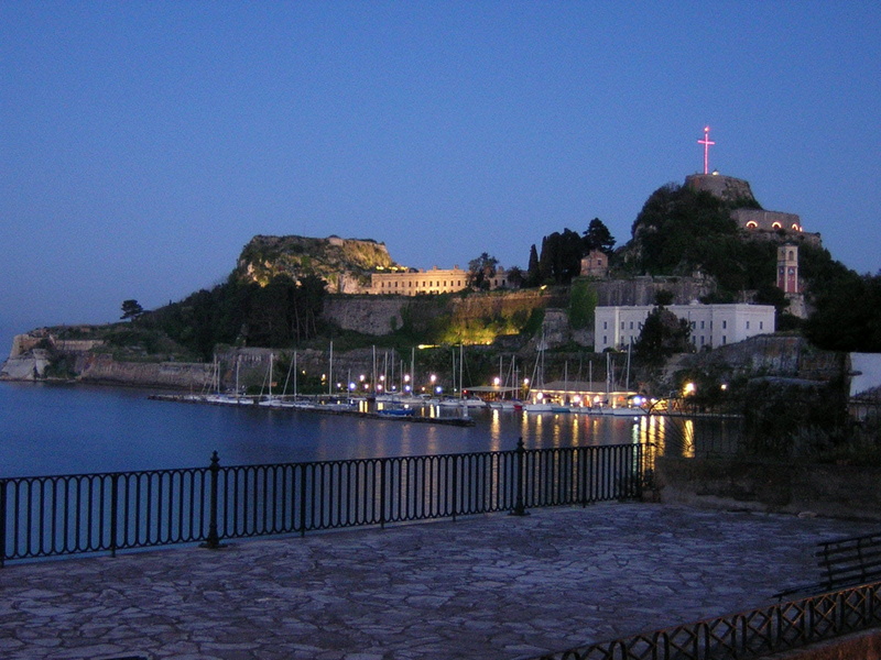 clear sky, building exterior, northern, travel Locations, city, railing, Old Fortress, 720P, Greece, fortress, river, Corfu, northern side, at night, blue