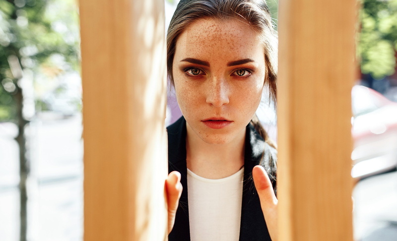 model, 1080P, freckles, women, Anastasia Lis, eyes, face, looking at viewer, redhead, depth of field