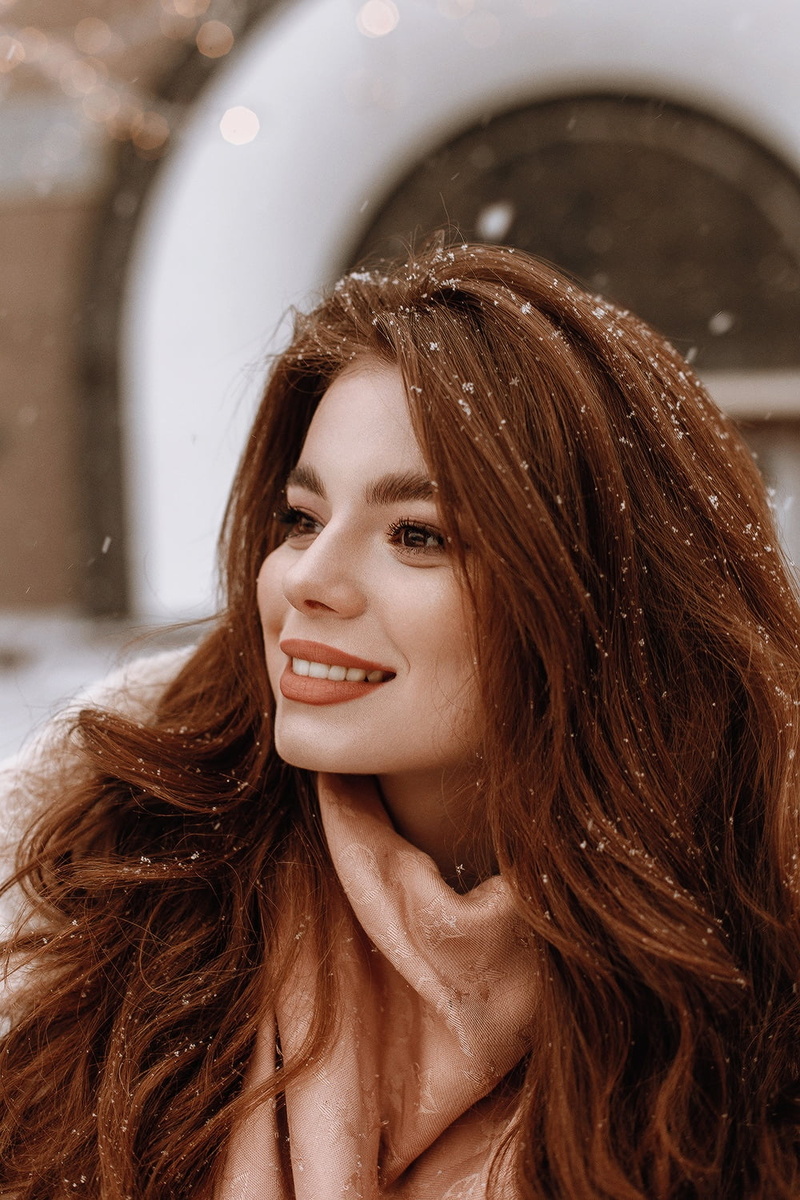 model, women, redhead, snow, portrait display, looking away, long hair, 720P, face, Anastasia Lis, smiling