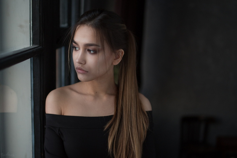 brown eyes, looking away, women, face, no bra, portrait, bare shoulders, ponytail, black clothing, Anastasia Lis, Ivan Proskurin, long hair, 1080P, window