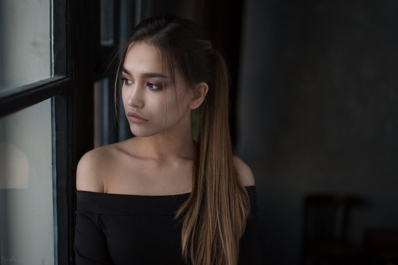 1080P, contemplation, face, indoors, juicy lips, brown eyes, portrait, bare shoulders, beautiful woman, standing, one person, long hair, Anastasia Lis