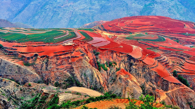 high angle view, formation, rock, rural, sandstone, dongchuan, rock formation, physical geography, tranquility, scenics - nature, travel, day, layered