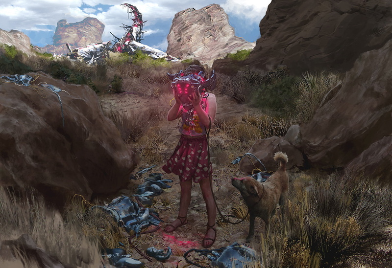 artwork, apocalyptic, mountains, futuristic, science fiction, 720P, robot, Yintion Jiang, illustration, children, dog