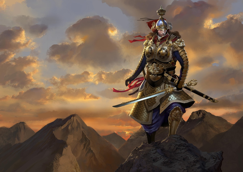 sculpture, jiang you, legend, religion, sky, art and craft, no people, sword, cloud - sky, armor, beauty in nature, 4K, mountain, warrior, belief, solid