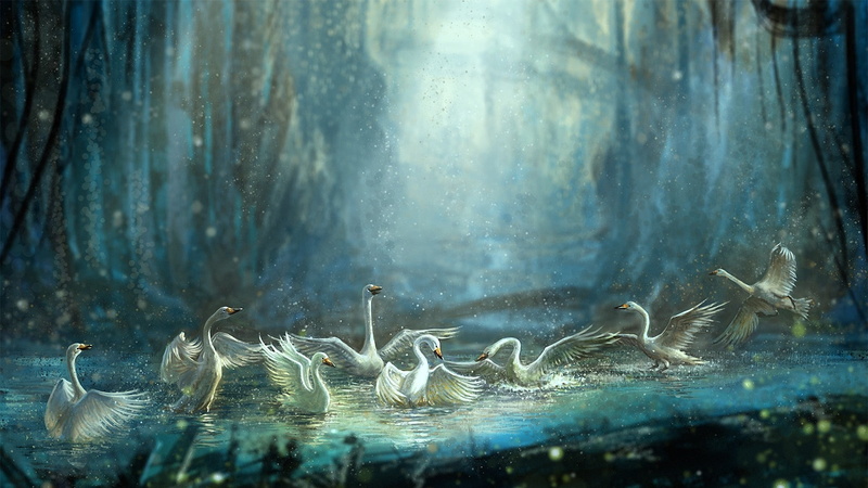squirt, painting, Jiang Zhi, 1080P, water, birds, pond, forest, bathing, art, body, swans