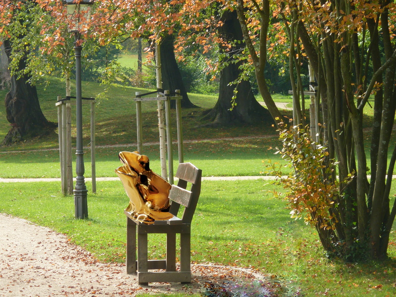 park bench, park, mammal, frog, one animal, fairytale characters, frog prince, trunk, figure, garden, field, fairy tales, park - man made space, nature